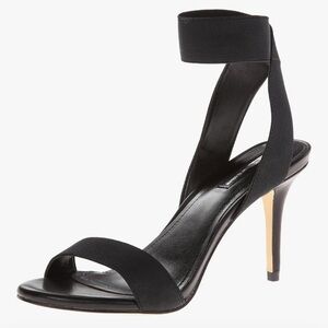 BCBGeneration BG-Halo Black Textile Ankle Strap Leather Heel Dress Sandala Sz 10